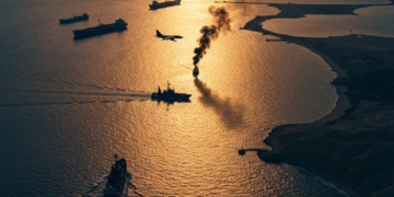 連川普都有稱讚的頑強伊朗人?戰爭消停機會渺茫。 1 Busy waterway at sunset with multiple ships, a jet plane, and one vessel emitting a large plume of black smoke