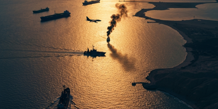 連川普都有稱讚的頑強伊朗人?戰爭消停機會渺茫。 14 Busy waterway at sunset with multiple ships, a jet plane, and one vessel emitting a large plume of black smoke