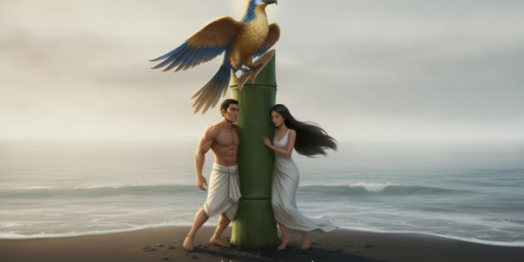 Malakas and Maganda from the Bamboo,A divine bird pecks open a giant bamboo stalk on the beach, revealing Malakas (Strong) and Maganda (Beautiful), the first man and woman. 14 Malakas and Maganda from the Bamboo,A divine bird pecks open a giant bamboo stalk on the beach, revealing Malakas (Strong) and Maganda (Beautiful), the first man and woman.
