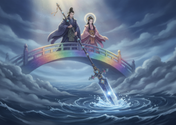 Izanagi and Izanami Creation,The divine couple uses a jeweled spear to stir the ocean, giving birth to the Japanese islands and the spirits that populate the land. 13 Izanagi and Izanami Creation,The divine couple uses a jeweled spear to stir the ocean, giving birth to the Japanese islands and the spirits that populate the land.