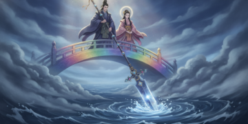 Izanagi and Izanami Creation，The divine couple uses a jeweled spear to stir the ocean, giving birth to the Japanese islands and the spirits that populate the land.