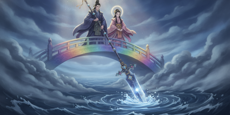 Izanagi and Izanami Creation，The divine couple uses a jeweled spear to stir the ocean, giving birth to the Japanese islands and the spirits that populate the land.