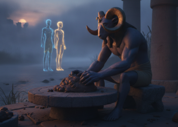Khnum's Potter Wheel,The ram-headed god Khnum uses a potter's wheel to mold human bodies and their ka (soul/life force) out of Nile clay. 13 Khnum's Potter Wheel,The ram-headed god Khnum uses a potter's wheel to mold human bodies and their ka (soul/life force) out of Nile clay.
