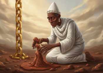 Obatala's Clay Sculptures of Ife,Obatala descends to Earth on a golden chain and molds human figures from clay, which the supreme god Olodumare breathes into life. 13 Obatala's Clay Sculptures of Ife,Obatala descends to Earth on a golden chain and molds human figures from clay, which the supreme god Olodumare breathes into life.