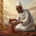 Obatala's Clay Sculptures of Ife，Obatala descends to Earth on a golden chain and molds human figures from clay, which the supreme god Olodumare breathes into life.