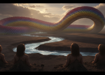 The Rainbow Serpent and the First Ancestors,During the Dreamtime, the giant Rainbow Serpent slithers across the featureless earth, shaping rivers and waking human ancestors slept beneath the surface. 13 The Rainbow Serpent and the First Ancestors,During the Dreamtime, the giant Rainbow Serpent slithers across the featureless earth, shaping rivers and waking human ancestors slept beneath the surface.