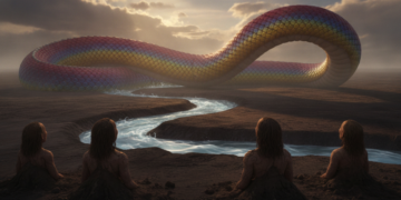 The Rainbow Serpent and the First Ancestors,During the Dreamtime, the giant Rainbow Serpent slithers across the featureless earth, shaping rivers and waking human ancestors slept beneath the surface. 1 The Rainbow Serpent and the First Ancestors,During the Dreamtime, the giant Rainbow Serpent slithers across the featureless earth, shaping rivers and waking human ancestors slept beneath the surface.
