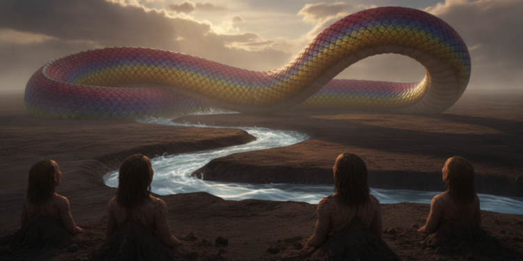 The Rainbow Serpent and the First Ancestors,During the Dreamtime, the giant Rainbow Serpent slithers across the featureless earth, shaping rivers and waking human ancestors slept beneath the surface. 14 The Rainbow Serpent and the First Ancestors,During the Dreamtime, the giant Rainbow Serpent slithers across the featureless earth, shaping rivers and waking human ancestors slept beneath the surface.